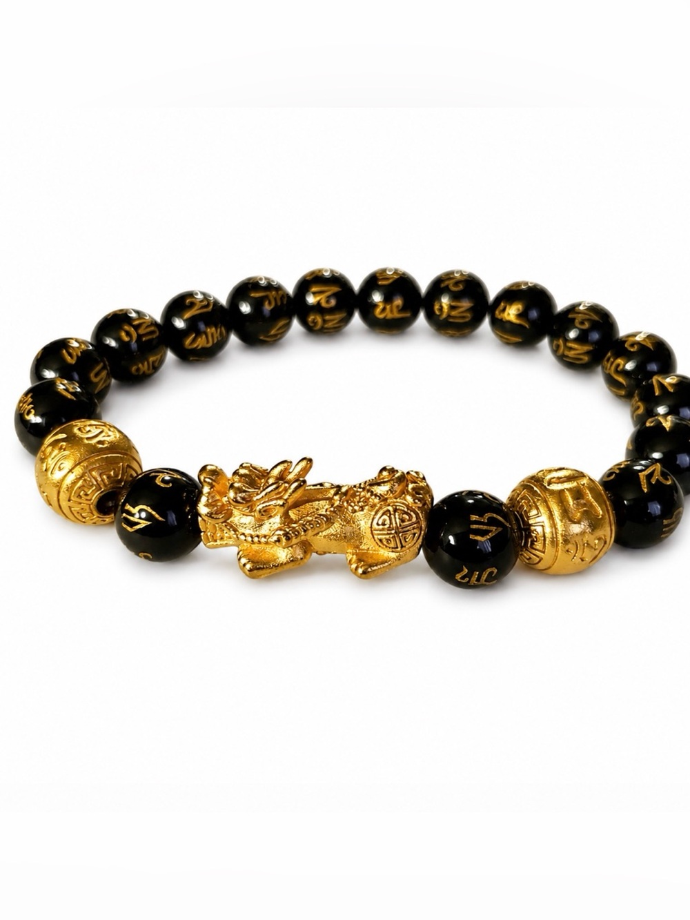 Obsidian Black Bead Bracelet with Gold Dragon Feng Shui